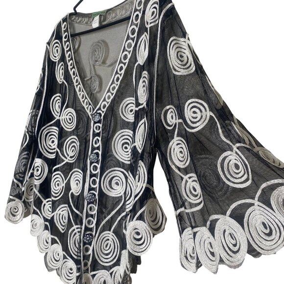 vintage Vivid Importers Button Up Top XL Black Sheer Swirl Embroidery Elegant Ev - Picture 5 of 8